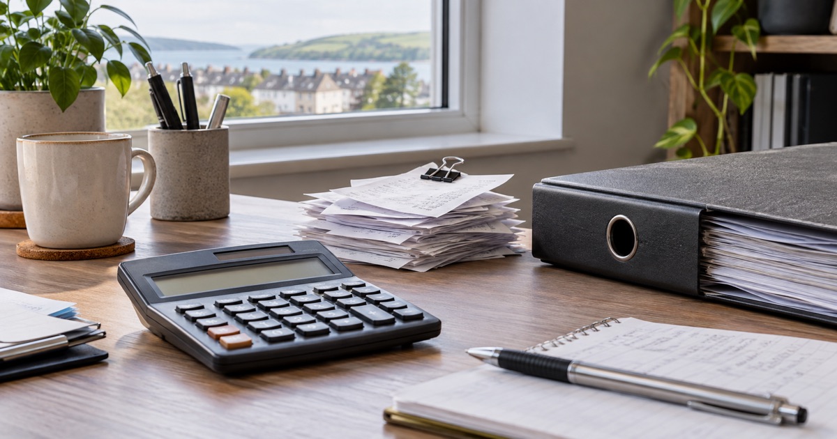 AI-generated illustration of a calculator, receipts and accounts folder on an accountant’s desk
