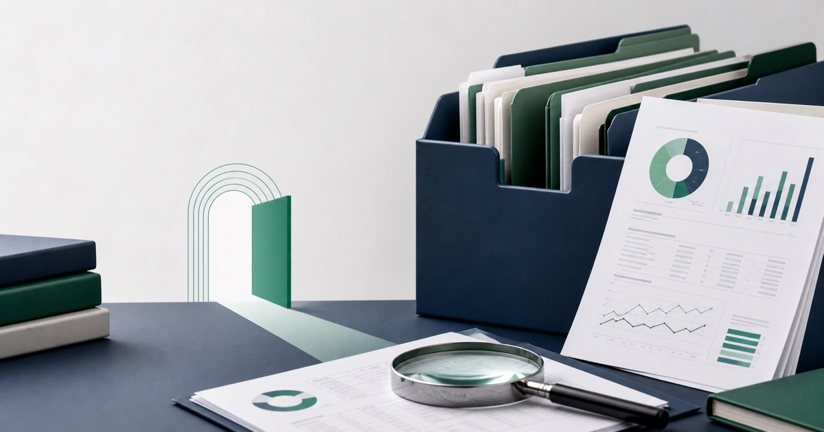 Public Irish company records shown as financial documents in an open archive with a magnifying glass