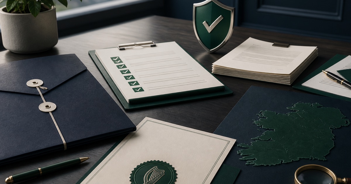 Irish tender evaluation desk with supplier files, a due-diligence checklist, contract papers and verification shield