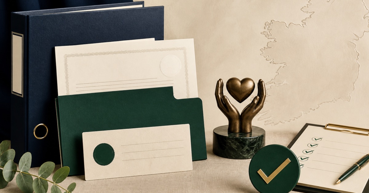 Irish charity verification with register files, a company document, governance checklist and helping-hands symbol