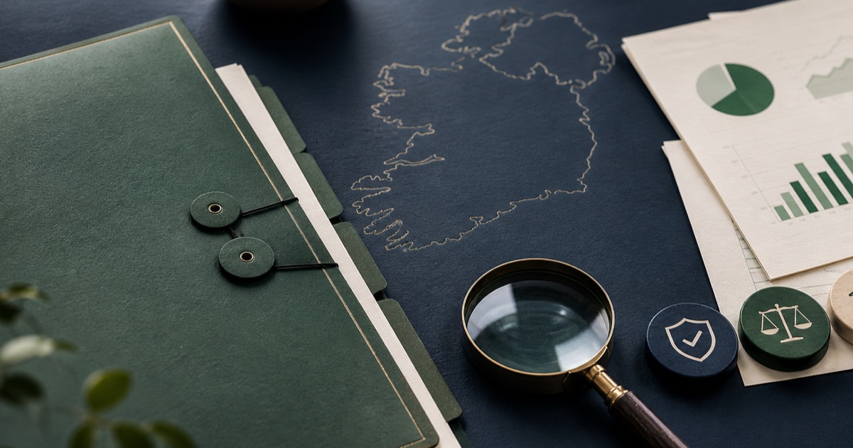 Irish investment due-diligence desk with a company file, financial charts, magnifying glass and risk checks
