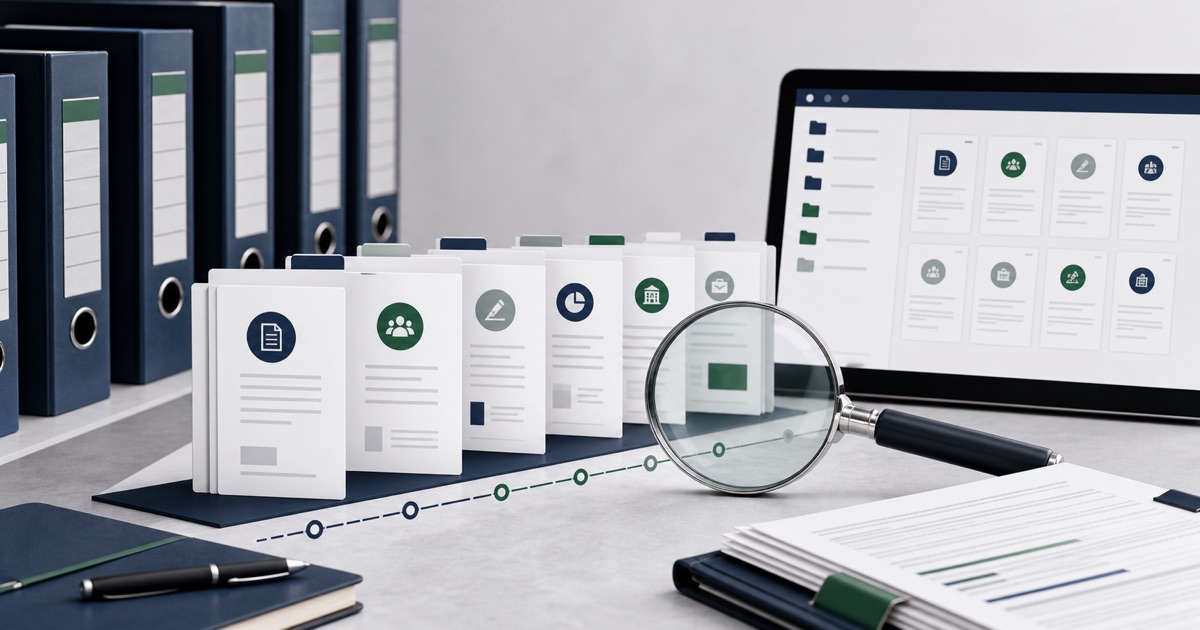 Chronological Irish company filing records arranged beside a magnifying glass and register timeline