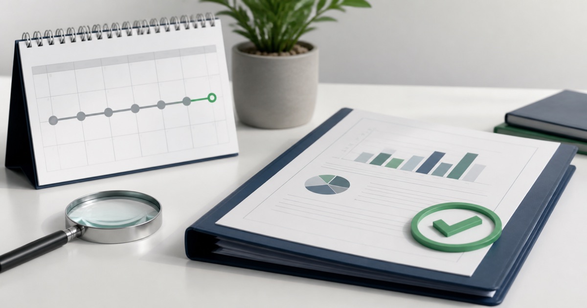 Irish company financial statements beside a filing calendar, magnifying glass and green completion check
