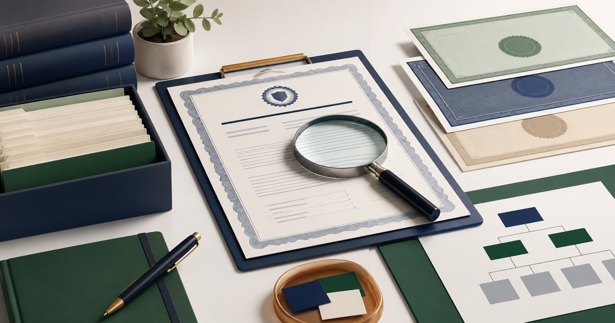 Irish company share-capital records reviewed with structured documents and a magnifying glass
