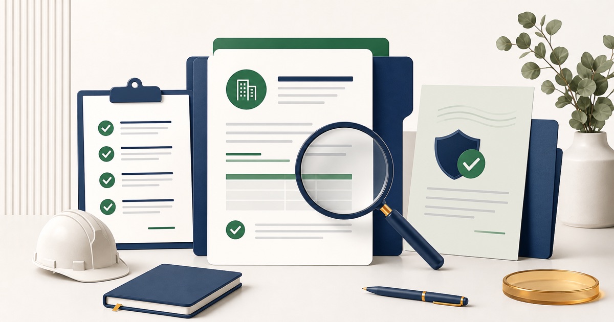 Irish contractor company record, contract checklist and insurance-document motif reviewed before hiring