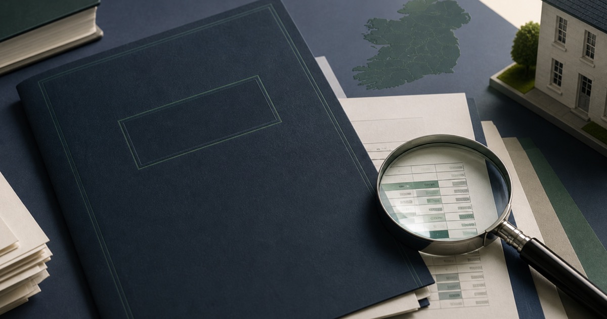 Limited Irish small-company accounts examined with a magnifying glass beside company files and an Ireland map