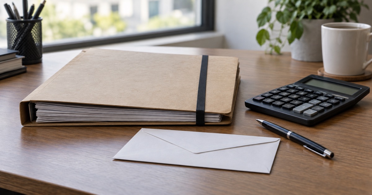 AI-generated illustration of a closed company folder, envelope, calculator and pen on an office desk