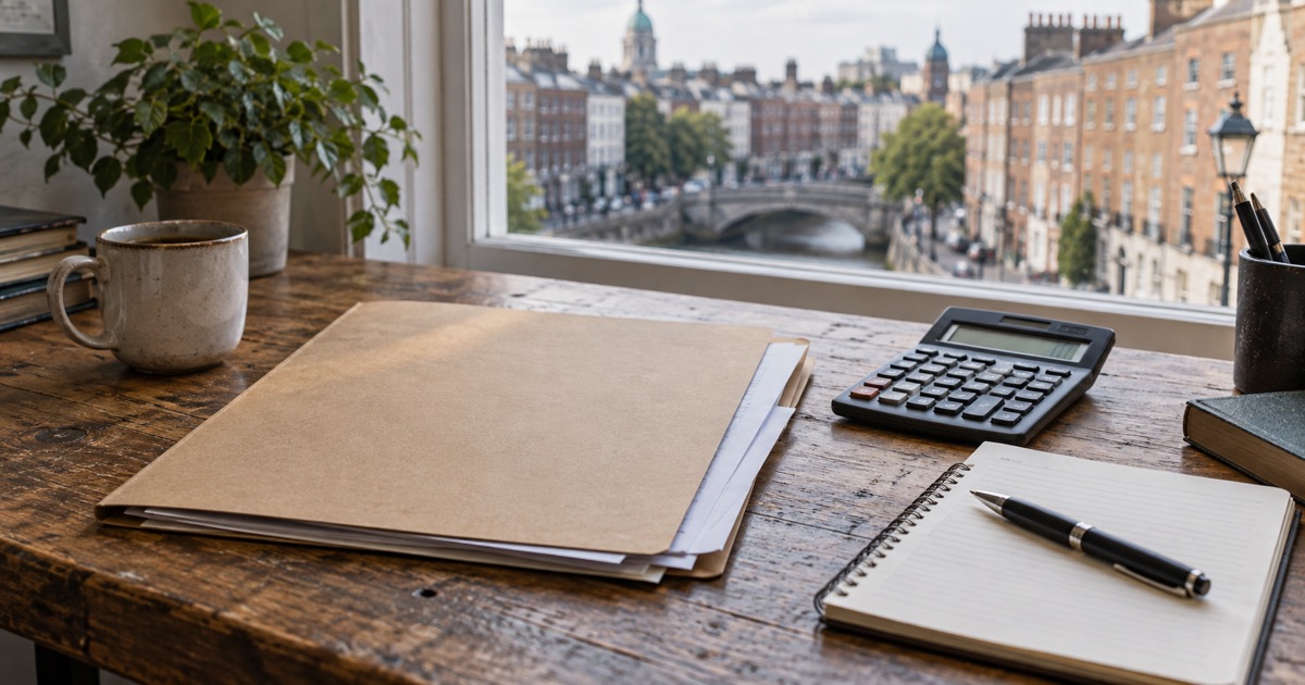 AI-generated illustration of a company application folder, calculator and notebook beside a Dublin window