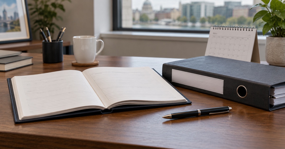 AI-generated illustration of a minute book, compliance folder, pen and calendar on an office desk
