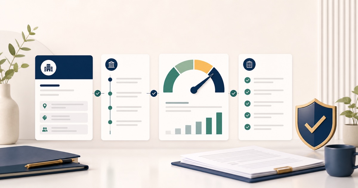 Irish company profile, filing timeline and credit-limit review arranged in a structured due-diligence workflow