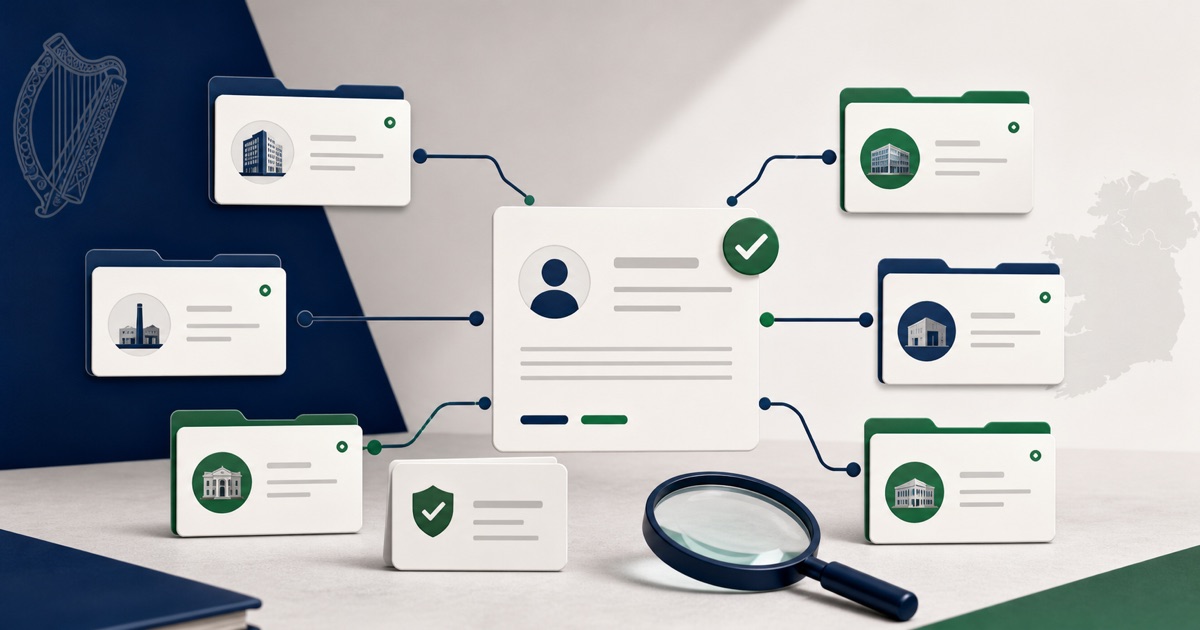 Public officer profile connected to multiple Irish company records with a magnifying glass