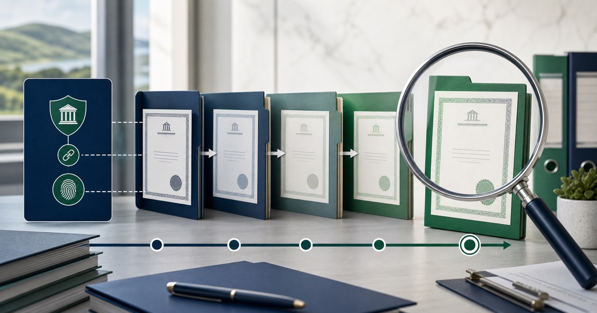 Irish company name-change records linked through a chronological archive and magnifying glass