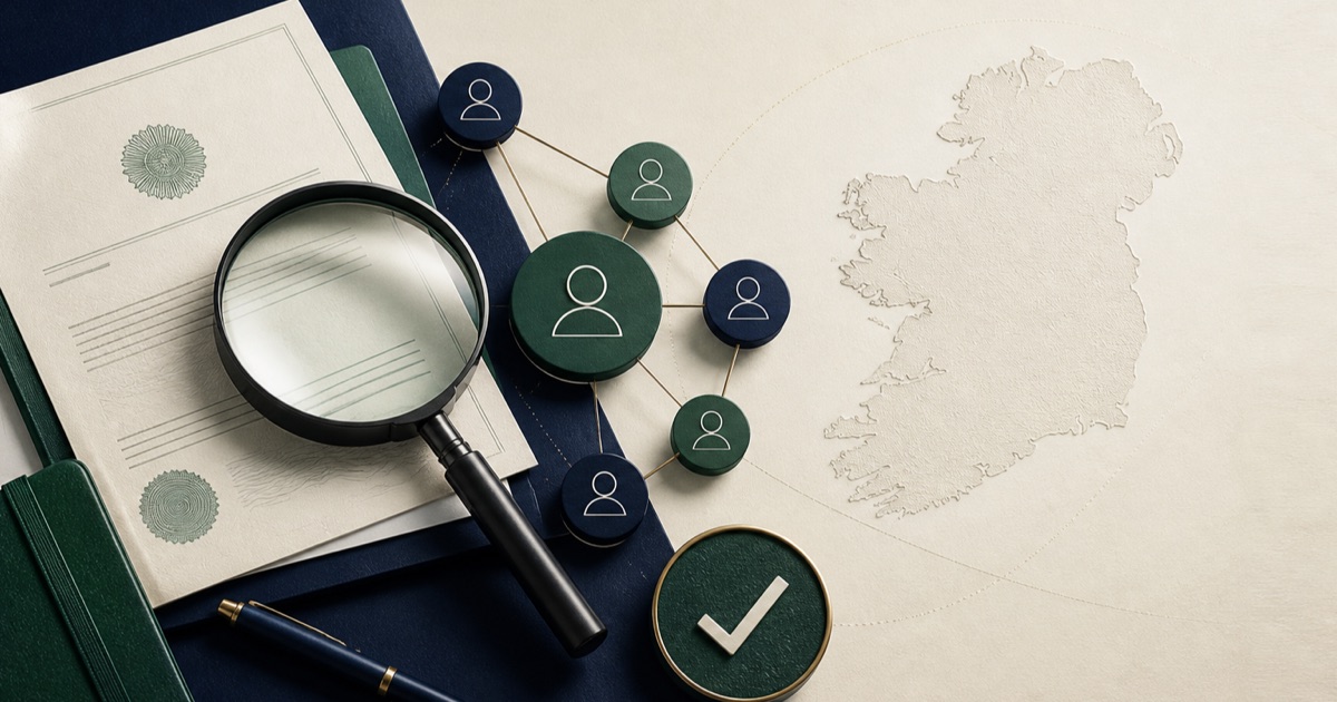 Irish company KYC review with a registration document, ownership network, magnifying glass and verification mark