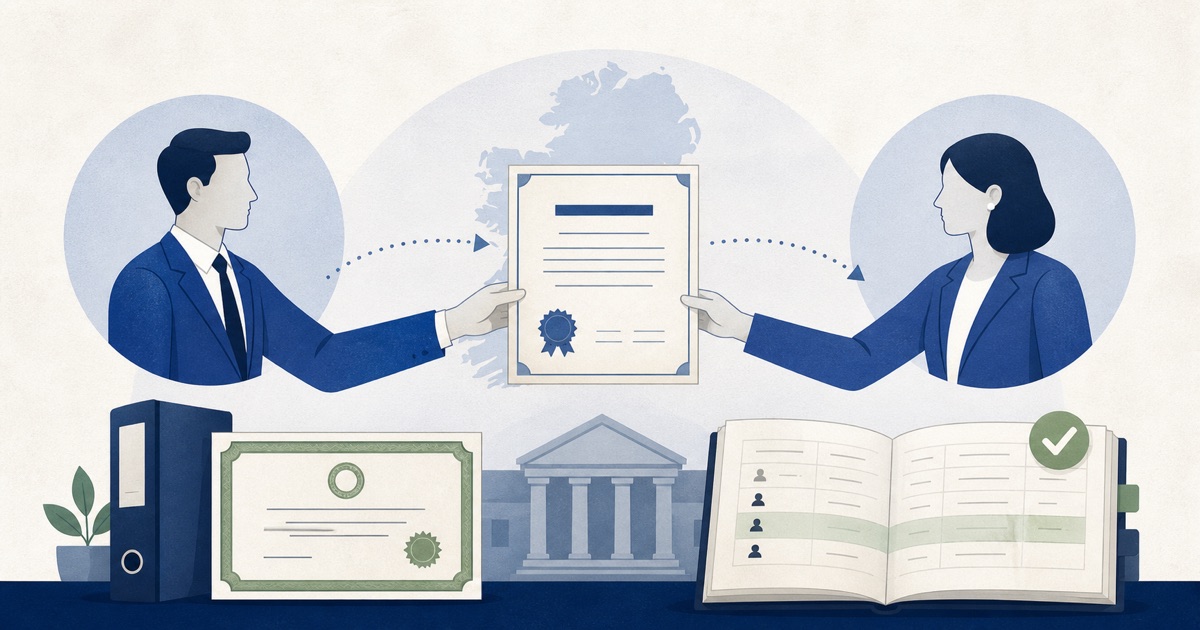 Existing shares transferred between two Irish company shareholders with the register of members updated