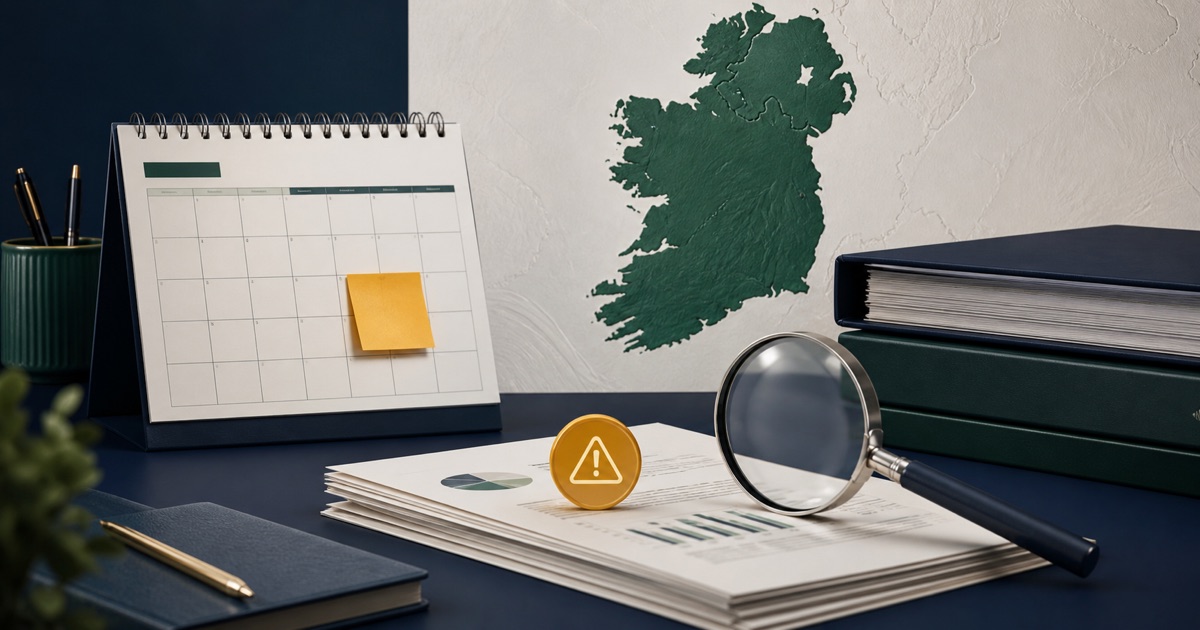 Irish company accounts with filing calendar, magnifying glass and amber warning marker