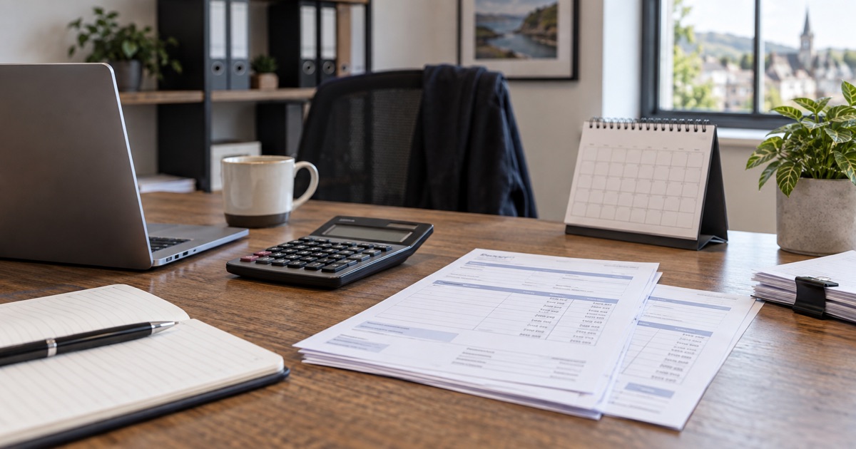 AI-generated illustration of payroll paperwork, a calculator and laptop on a small-business desk