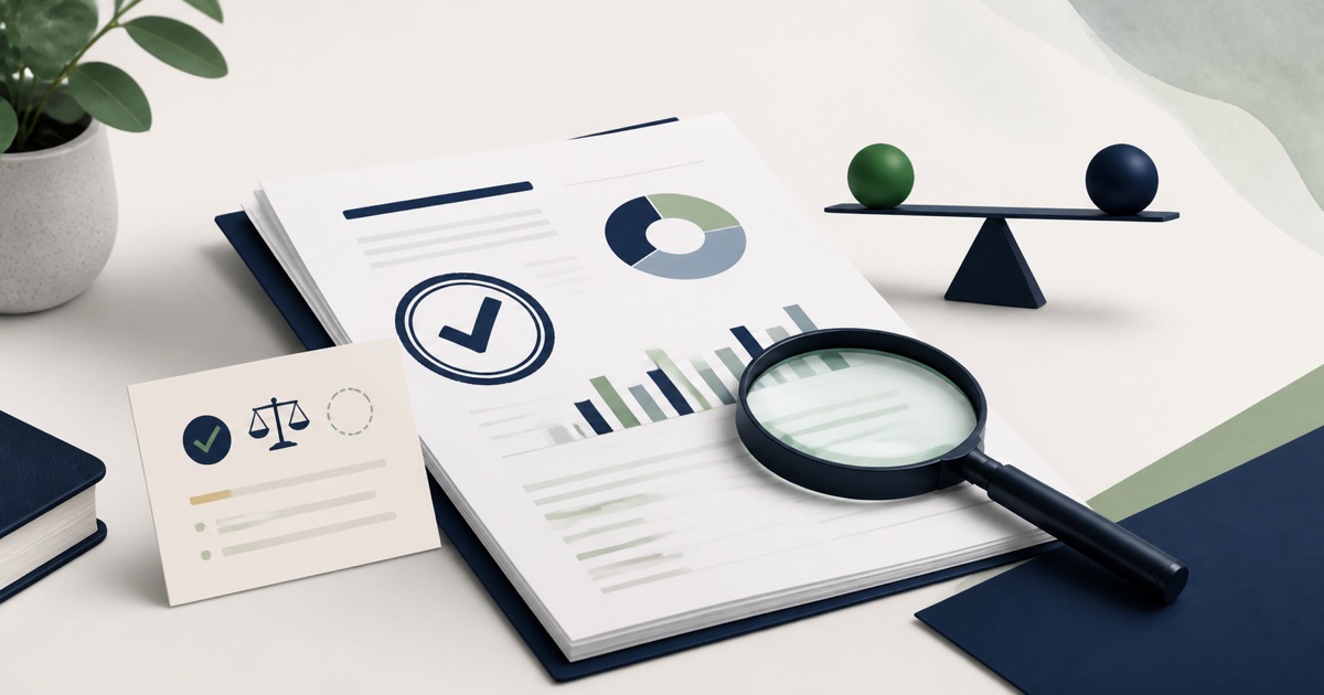Irish company financial statement reviewed with an audit note, magnifying glass and careful forecast analysis