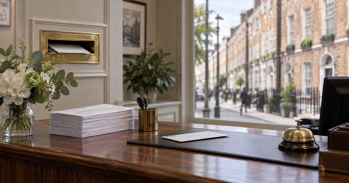 AI-generated illustration of envelopes and a brass letterbox at an Irish office reception desk