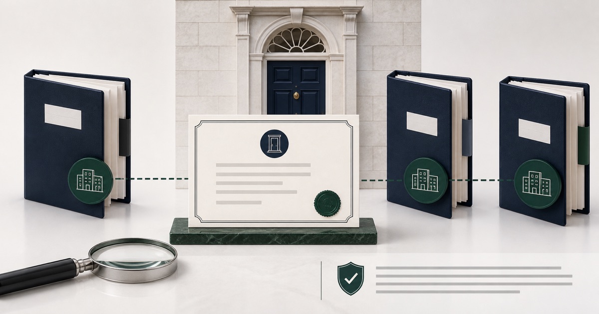 Registered-office address record linked to separate Irish company files and a magnifying glass
