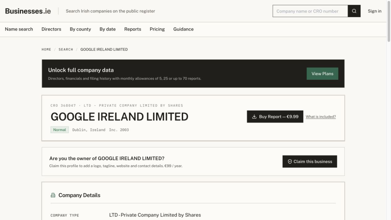 Google Ireland Limited company profile showing CRO registration number 368047