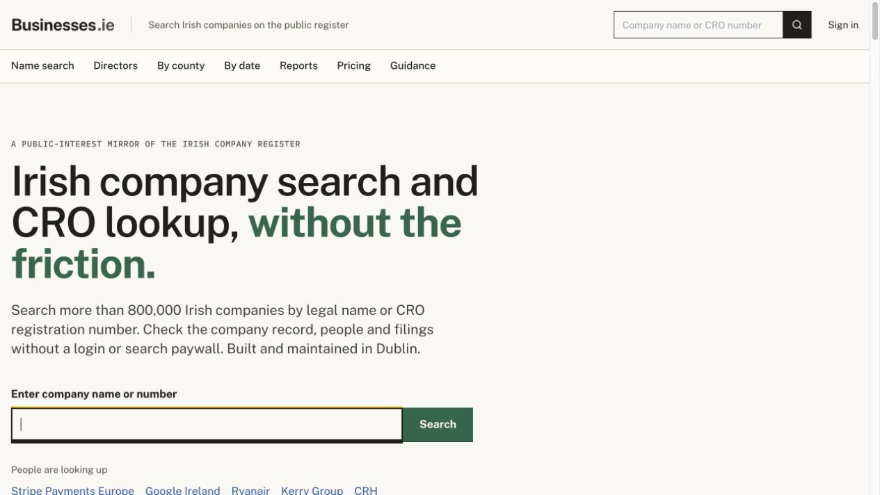 Businesses.ie homepage showing the company name or CRO number search box